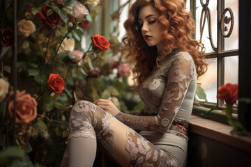 Fototapeta na wymiar Floral-patterned tights, embracing a romantic and whimsical atmosphere. Generative Ai.
