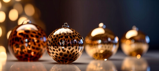 Leopard print decorative Christmas balls. Generative AI - obrazy, fototapety, plakaty