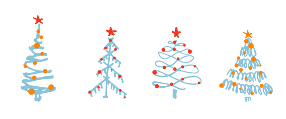 Set of Christmas tree. Sketch hand drawn xmas pattern. Doodle childlike silhouette art. Winter New year holiday firs, decor elements on isolated background. Vector vintage illustration.