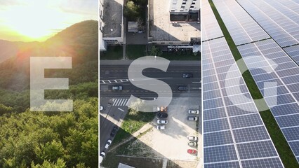 Environmental, social, and corporate governance (ESG) concept, split screen modern smart city,...