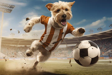 yorkshire terrier dog playing football - obrazy, fototapety, plakaty