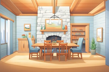 dining room in a craftsman home featuring wood paneling and stone accents, magazine style illustration
