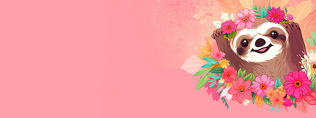 Image of a cheerful sloth in flowers on a pink background - obrazy, fototapety, plakaty