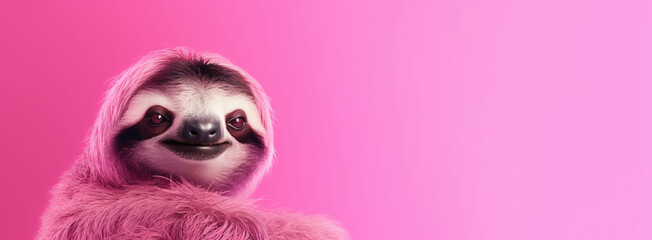 International Sloth Day. Image of a sloth on a bright pink background