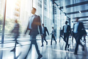 Blurred business people walking fast in the office corridor