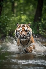 Fototapeta na wymiar tiger running in the water