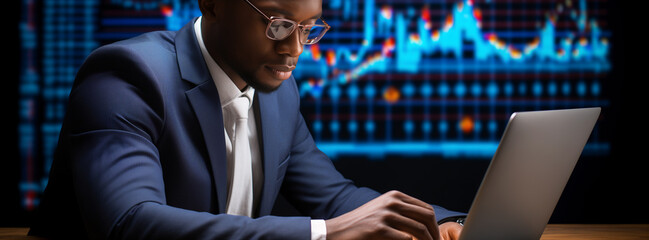 Programmer using laptop analyzing financial data on futuristic virtual interface. Global business development, strategy and planning, digital technology. Data scientist