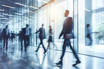 Fototapeta premium Blurred business people walking fast in the office corridor