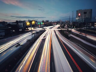 Long exposure of car light trails in an urban cityscape