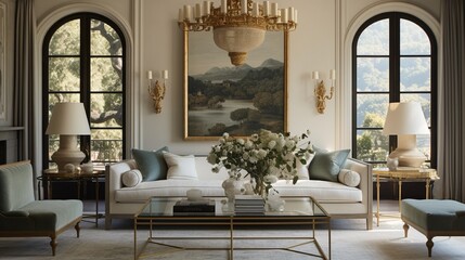 An elegant living room with Spanish influences, featuring velvet sofas, a crystal chandelier, and gold-framed paintings.