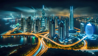 Fototapeta na wymiar Expressway in modern metropolis, City of skyscrapers with neon futuristic technology background