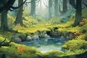 a dark thermal pool within a moss-covered forest