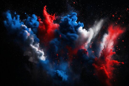 Blue, white and red colored powder explosions on black background. Holi paint powder splash in colors of French flag