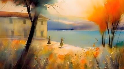 Watercolor painting of a bride and groom on the beach at sunset