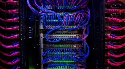 Network equipment. Server, NAS, SQL. Wires connect equipment. Network hardware. Cloud Storage. Digital cloud real estate. Equipment for system administrator. Structured cabling systems. 