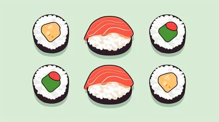 Papier Peint photo Bar à sushi Japanese sushi set. Asian Japan food. Colorful set of sushi from different types maki, uramaki rolls, nigiri, temaki snacks. set japan asian food vector logo design pack isolated. Vector illustration