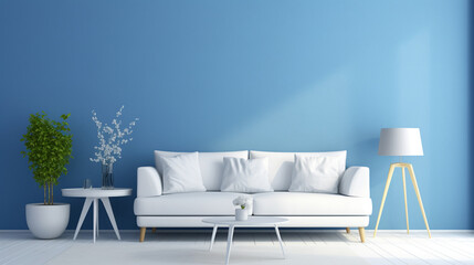 White couch in a blue modern living room. Blue living room with sofa and shelf. generative ai
