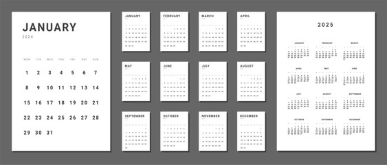 Set of monthly calendar planner page templates for 2024. Isolated Vector layout minimalist of wall or desk calendar with week start on Monday for print. Page for size A4 or 21x29.7 cm