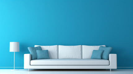 White couch in a blue modern living room. Blue living room with sofa and shelf. generative ai