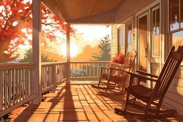 farmhouse porch with rocking chairs in early morning light, magazine style illustration