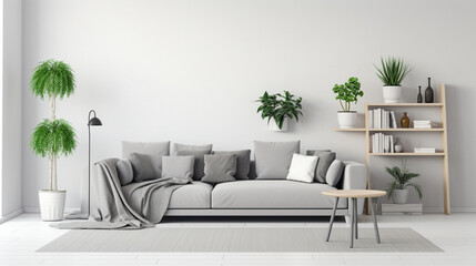 white living room interior with grey sofa with cushions, fresh plants and cupboards. generative ai