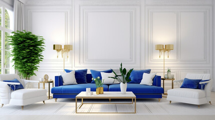 White living room interior royal blue lounge. living room interior royal blue couch. generative ai - obrazy, fototapety, plakaty