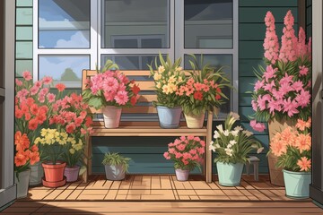 Fototapeta na wymiar farmhouse porch decorated with pots of blooming flowers, magazine style illustration