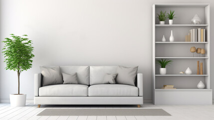 white living room interior with grey sofa with cushions, fresh plants and cupboards. generative ai