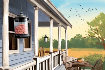 bird feeder hanging on the porch with farmhouse backdrop, magazine style illustration