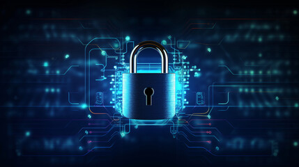 Cybersecurity technology: Digital padlock guarding computing systems against fraud and protecting privacy data in a dark blue backdrop
