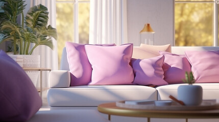 Sunny living room with pink pillow, white pillow and purple pillow. Modern Interior. generative ai