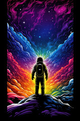 Rainbow Voyager in Cosmic Journey, Rainbow markers vibrant illustration