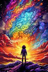 Cosmic Voyager's Kaleidoscope Journey, Rainbow markers vibrant illustration