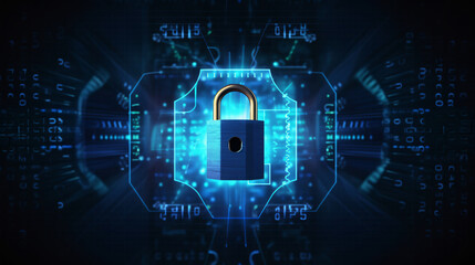 Cybersecurity technology: Digital padlock guarding computing systems against fraud and protecting privacy data in a dark blue backdrop