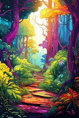 Enchanted Rainbow Forest, Rainbow markers vibrant illustration