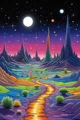 Vibrant Alien Rainbow Landscape, Rainbow markers vibrant illustration
