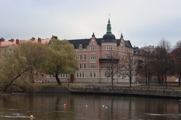Sweden. Embankment on the river Motala ström in the city of Norrköping. City of Norrköping. Province of Östergötland. 