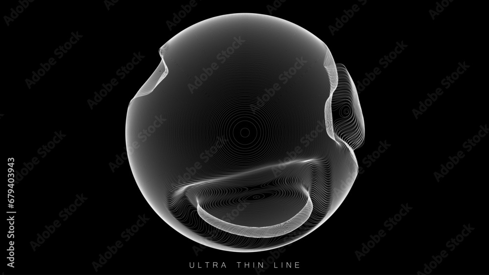 Poster ultra thin line fluid geometry. dynamic vector distorted spheres.