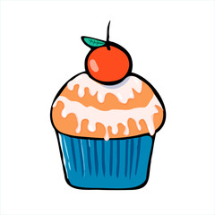 Cupcake with cherry on a white background. Vector illustration.