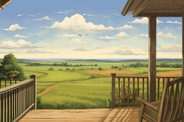 farmland horizon seen from porch of traditional farmhouse, magazine style illustration