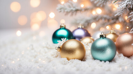 Fototapeta premium Colorful Ornaments, Snow, Tree Background