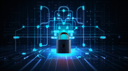 Cybersecurity technology: Digital padlock guarding computing systems against fraud and protecting privacy data in a dark blue backdrop