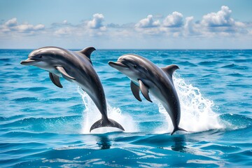 The illustration of two cute dolphins in the ocean looks lovely jumping together over the water.