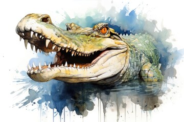 Fototapeta premium watercolor Crocodile, alligator tropical animal drawing by watercolor