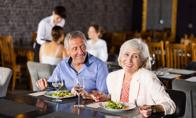 Smiling senior man and woman talking and joking merrily during dinner in restaurant. Elderly spouses colleagues have fun chatting spend time in restaurant after working day