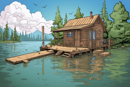 log cabin with dock extending out on a lake, magazine style illustration