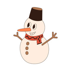 Groovy retro snowman. Merry christmas retro style vector illustration icon