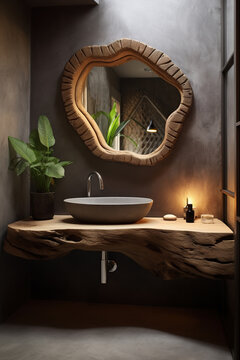 Modern trendy dressing room with a shaped mirror in a wooden frame on a gray concrete wall, a plant in a pot near an overhead sink on a massive wooden countertop, and a gray concrete floor.