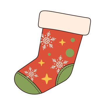 christmas groovy sock. Merry christmas retro style vector illustration icon