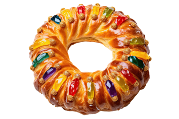 típico dulce español roscón de reyes navideño para celebrar en familia el 6 de enero dia de Reyes,  sobre fondo trasparente png